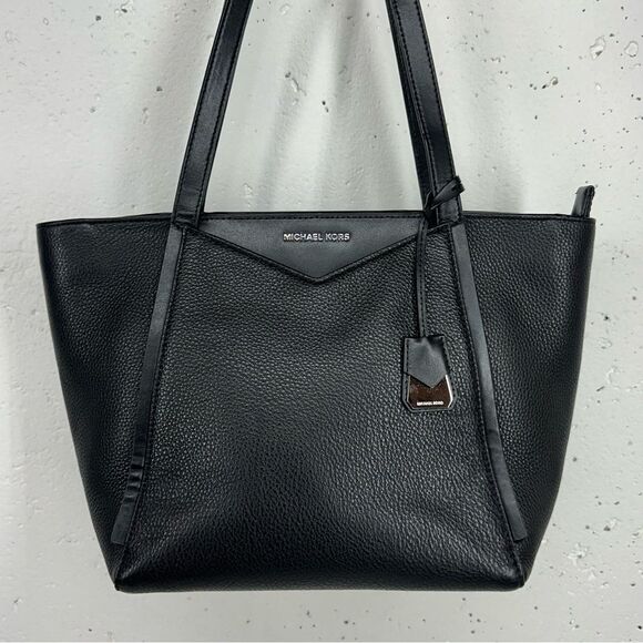 Michael Kors Whitney Black Pebbled Leather Tote Bag with Silver Hardware - Picture 1 of 15